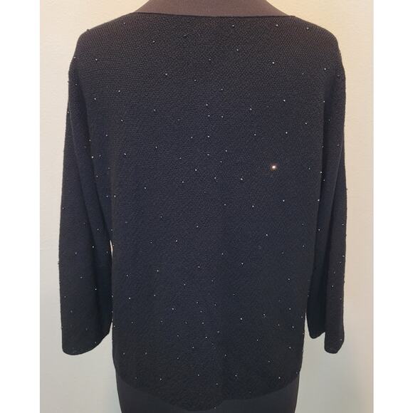 Eileen Fisher Black Beaded & Sequin Merino Wool Sweater –Wide Neck –3/4 Sleeve L - Picture 2 of 8